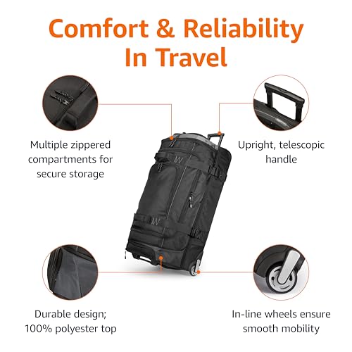 Amazon Basics 35-inch Large Rolling Duffel Bag with Wheels and Handle, Travel Duffle with Durable Ripstop Polyester Material, 2 Layers of Storage Space, Multiple Interior and Exterior Pockets, Black