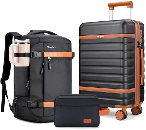 Velaybor Luggage Sets 3 Piece with Spinner Wheels, Lightweight PC Hardside Suitcase with TSA Lock & YKK Zippers, 20 Inch Carry On Luggage with Travel Bag for Men and Women, Black
