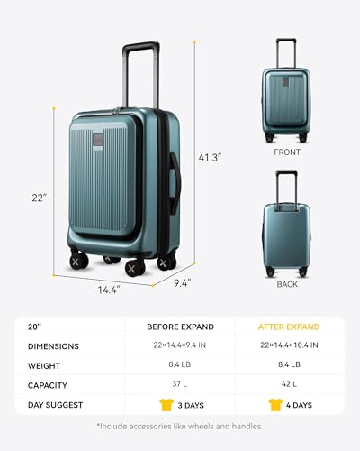 Carry on Luggage 22x14x9 Airline Approved, LTB PC Hard Shell Suitcase with Front Pocket, Expandable Luggage with USB Port (FX-Lite, Teal, 20 Inch, 37L-42L)
