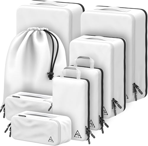 Well Traveled 8 pcs Compression Packing Bags Cubes Set with HybridMax Double-Capacity Design - Packing Cubes for Travel Compression to Maximize Limited Luggage Space, White