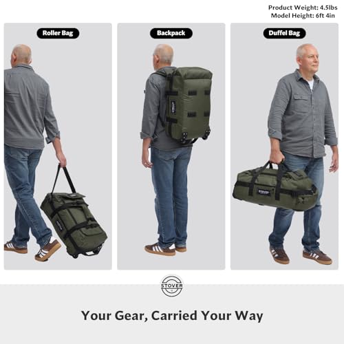 STOVER 45L Carry-On U-Zip Rolling Duffel Bag with Wheels, Medium Durable Travel Duffle w/Toiletry Bag, Heavy-Duty, Packable, Foldable w/Shoulder Straps- Use as Luggage or Backpack, Men/Women (Green)