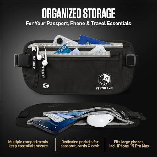 VENTURE 4TH Money Belt for Travel – Slim Hidden Under-Clothes RFID Blocking Anti-Theft Passport Holder & Travel Wallet Pouch for Men & Women to Protect Cash, Cards & Documents (Black)