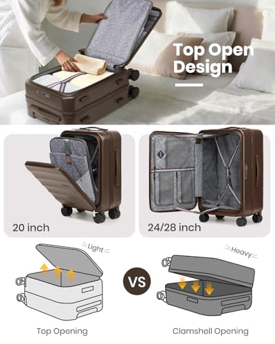 Joyway Luggage Set 5 Piece Top Opening Suitcase Set with Spinner Wheel and TSA Lock, PC Hard Shell Carry on Luggage with Front Pocket, Suitcase with Backpack and Foldable Storage Bag (Coffee)