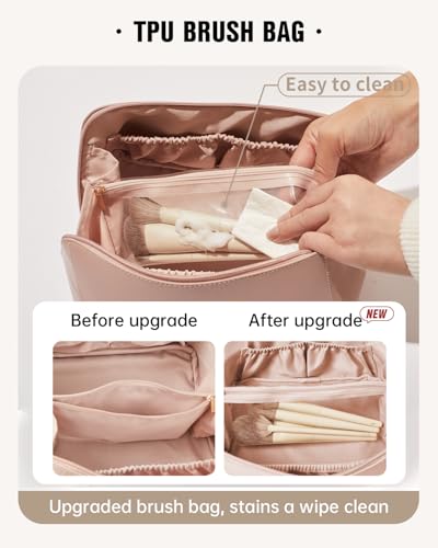 EACHY Travel Makeup Bag, Large Capacity Cosmetic Bags for Women, Waterproof Portable Open Flat Toiletry Bag Make up Bag with Divider and Handle, Gifts for Women (Pink, Large)