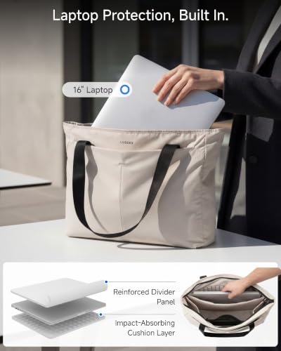 LUGGEX Laptop Tote Bag,13-16 Inch Laptop Lightweight Work Tote, 20L Water-Resistant Nylon Computer Shoulder Bag with Padded Sleeve, Bottle Holders & Luggage Strap (LTX04, Beige)