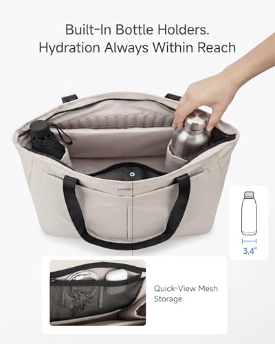 LUGGEX Laptop Tote Bag,13-16 Inch Laptop Lightweight Work Tote, 20L Water-Resistant Nylon Computer Shoulder Bag with Padded Sleeve, Bottle Holders & Luggage Strap (LTX04, Beige)