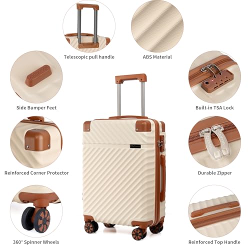 Luggage Sets 5 Piece with TSA Lock Spinner Wheels, Unisex Hard Case ABS Suitcase Set, Hardshell Lightweight Waterproof Travel Hardside Suitcases with Wheels for Women Men,Beige
