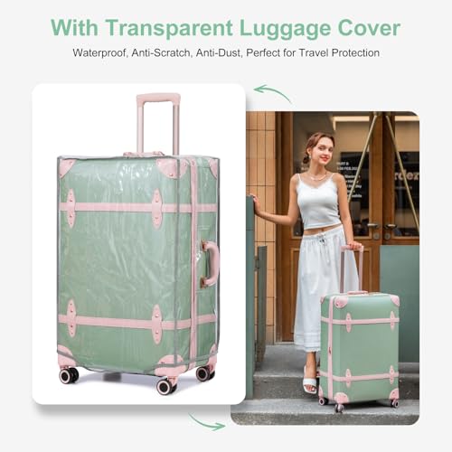 NZBZ Vintage Luggage Sets for Women Retro Suitcase Cute Vintage Expandable Luggage of 3 (Green with Pink, 20inch & 24inch & 28inch)