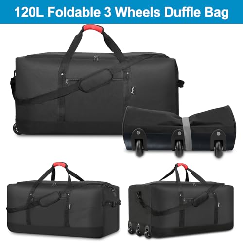 Finnhomy 120L Foldable Rolling Duffel Bag with 3 Wheels, Light Weight Travel Duffel bag with Large Loading Capacity, 32'' Rolling Duffel bag with Shoulder Strap (Black)