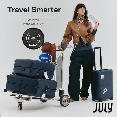 July Checked with CaseSafe - 24.5" Built in Tracking, Airline Approved Check In Luggage with Wheels, Spinner Suitcase for Men & Women - Rolling Suitcase, Spinner Wheels, Y-Strap - Navy
