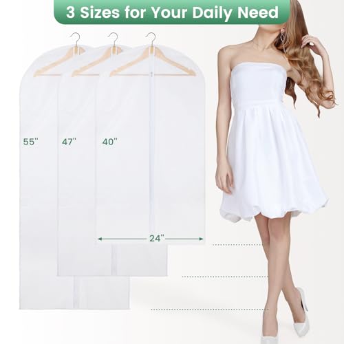 Carbrea Translucent Garment Bag - 15 Packs Garment Bags for Hanging Clothes Dress Bag Suit Bags for Closet Storage Travel - 24" x 40"/47"/55"