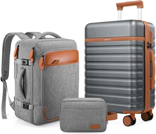 UKEIN Luggage Sets 3 Piece, Carry On Luggage 20In With Spinner Wheels,PC Hardside Suitcase Set with TSA Lock,Durable Carry On Suitcase With Travel Backpack for Men (Grey, 3 piece set (20inch))