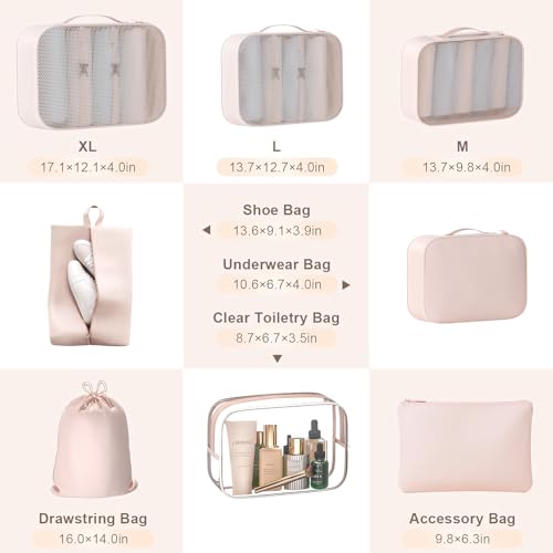 BLINGCOOL 8 Set Packing Cubes for Travel with Clear Toiletry Bag, Durable Luggage Packing Organizers, Carry-On Accessories, TSA Approved See-Through Cubes, Space-Saving Storage Bags, Gifts for Women