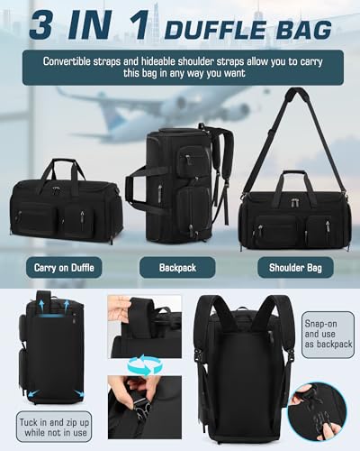 RAINSMORE Convertible Garment Bags for Travel, 45L Garment Duffle bag for Hanging Clothes, 3 in 1 Suit Travel Bag for Business Trips with Shoulder Strap, Carry On Suit Luggage for Men Women, Black