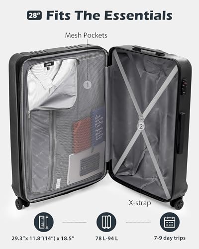 Coolife Luggage PC+ABS Expandable Hardshell Suitcase with TSA Lock, Spinner Checked Lightweight (grey, L(28IN))