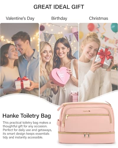 Hanke Travel Toiletry Bag, Lightweight Wide-open Makeup Bag, Dual-Layer Travel Bag for Toiletries Water-Resistant Cosmetic Bags Large Toiletry Bags for Women & Men, Travel Essentials, Pink
