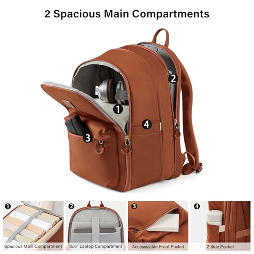 Hanke Expandable Laptop Backpack for Women and Men, 24L-30L Travel Backpack, 15.6 Inch College Laptop Bookbag for Work, Water Resistant Carry On Personal Item Bag, Caramel