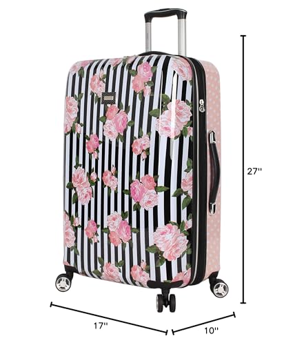 Betsey Johnson 26 Inch Checked Luggage Collection - Expandable Scratch Resistant (ABS + PC) Hardside Suitcase - Designer Lightweight Bag with 8-Rolling Spinner Wheels (Stripe Roses)