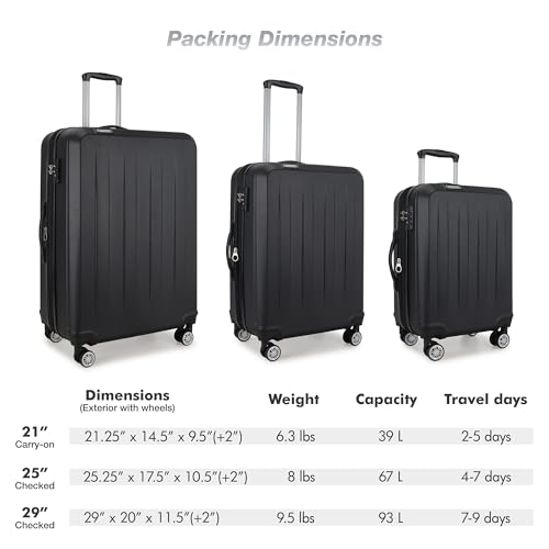 Elite Luggage Expandable Hardside Spinner Luggage,TSA Lock, Black, 3-Piece