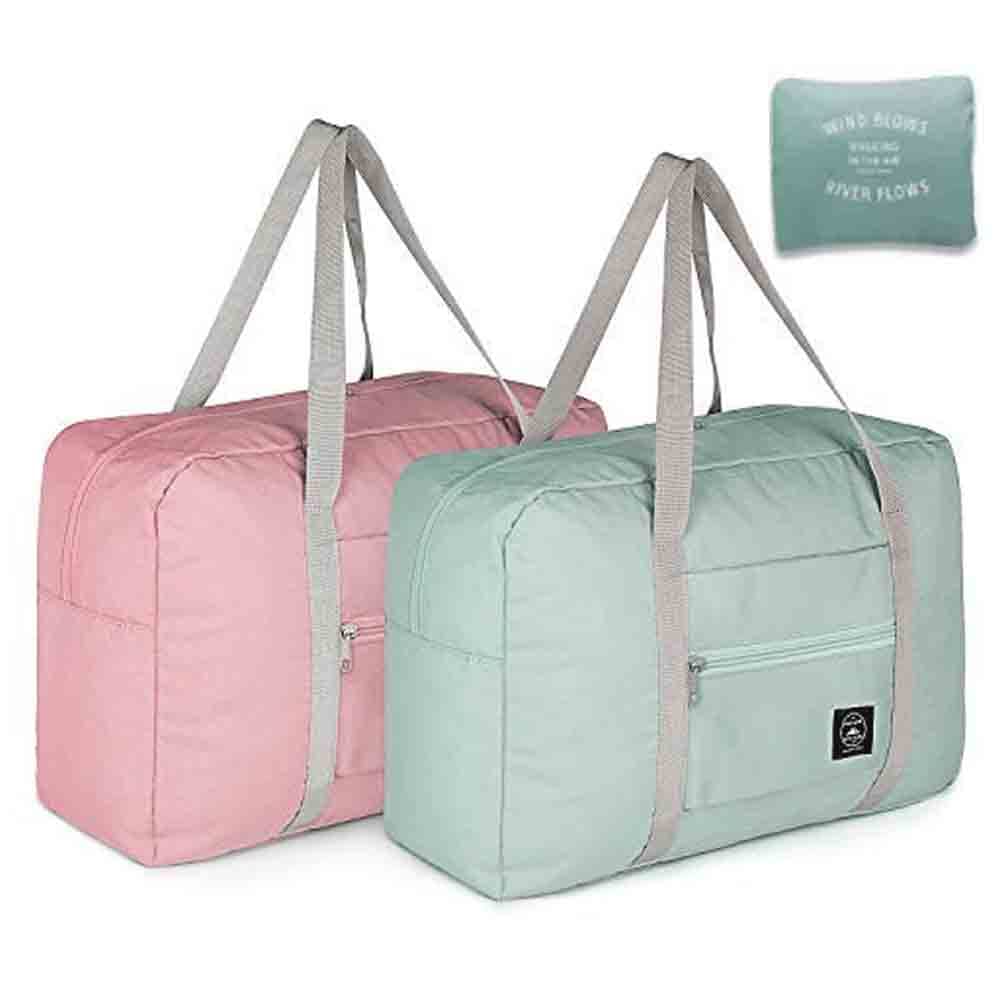 Foldable Travel Duffel Bag (2 Pack), For Spirit Airlines, Weekender Overnight Bag, Tote Carry on Luggage Sport Duffle Weekender Overnight for Women and Girls (Pink Blue)