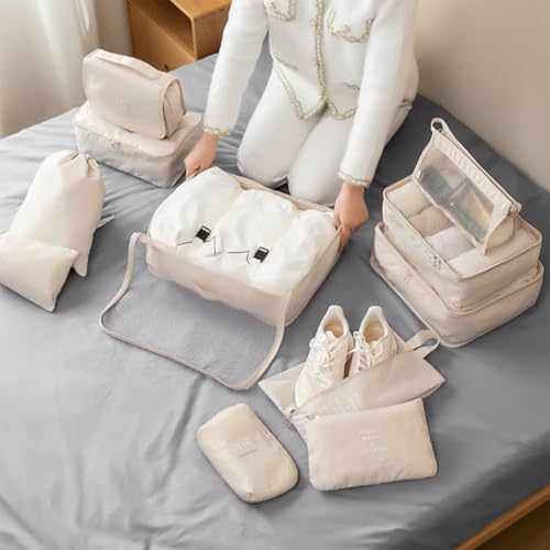 HLILai Packing Cubes for Travel - 7 Set Luggage Organizer Bags for Family, Mesh Breathable Travel Packing Cubes for Suitcases Durable Essentials Bags Set with Large Toiletries Bag(Beige)