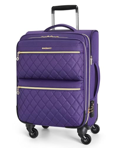 BAGSMART Softside Expandable Luggage Airline Approved with Spinner Wheels, 20 Inch Carry On Luggage 22x14x9 with TSA Lock, Quilted Rolling Suitcases for Women, Purple