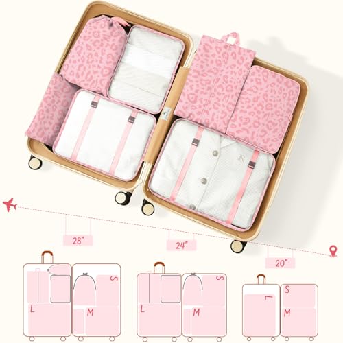 Woobolsalike 9 Set Packing Cubes for Travel Essentials - Lightweight Carry-On Luggage Organizer Bags with Shoe, Clothes & Laundry Bags for Airplane, Family & Business Travel, Pink leopard print