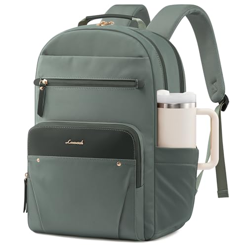 LOVEVOOK Laptop Backpack for Women with Leather Trim & Tumbler Pockets, 15.6" Work Backpack Purse, Travel Personal Item Bag, Carry On Business Computer Bag for Office, School, or Gift, Sage Green