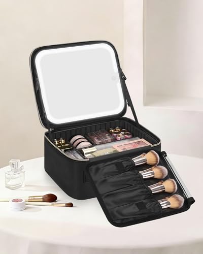 Chomeiu Makeup Bag with LED Mirror, Travel Makeup Case for Women and Makeup Artists Cosmetic Organizer Large Make Up Bags with Light Up Mirror, 3 Color Lights, Adjustable Dividers and Brush Holder