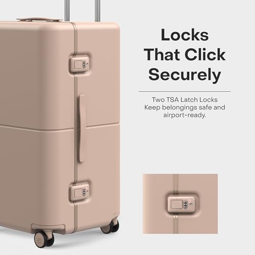 July Checked Trunk - 26.8" Zipperless Airline Approved Check In Luggage with Wheels, 80/20 Opening Spinner Suitcase - TSA Lock Rolling Suitcase, Spinner Wheels, Y-Strap - Matte Light Sand