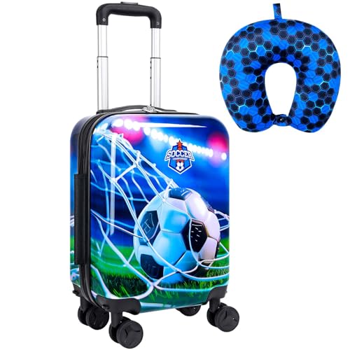 Dynamic Soccer Kids Luggage with Wheels 2PC Set: Airline-Approved Carry On Boys Suitcase with 360° Spinner Rolling, Includes Neck Pillow