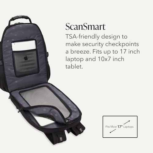 SWISSGEAR 1900 ScanSmart TSA Laptop Backpack Fits 17 Inch Laptop with RFID Protection and Tablet Pocket, Black/Black, 19-Inch