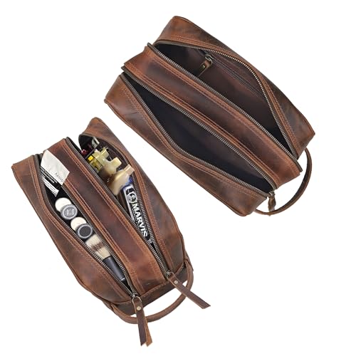 VC VINTAGE COUTURE Genuine Leather Toiletry Bag for Men Extra Large Leather Men's Toiletry Bag for Traveling Real Leather Dopp Kit for Men Shaving Bag for Travel (Men's Toiletry Bag 2, BROWN)