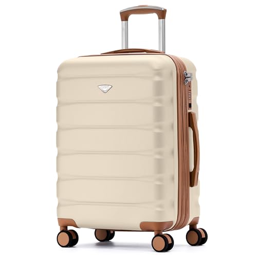 Flight Knight 24x16x10 Expandable Carry On Suitcase Hardside TSA Lock USB C Lightweight Luggage Silent Double Spinner Wheels Maximum Overhead Carry-On Bag For Virgin South West Approved Cream/Tan