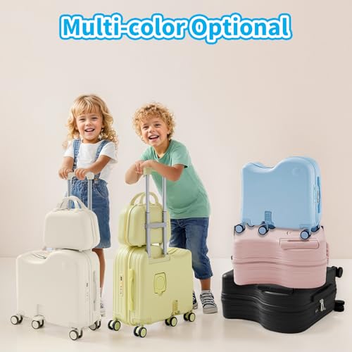 TABU Ride-on Luggage with Portable Bag for Kids，Hardshell Carry On Suitcase with Hidden Cup Holder, Foldable Pedal,Type-C & USB Interface, TSA Lock, 6-Spinner Wheels, Blue