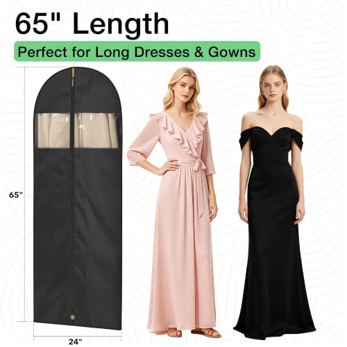 Moucas Dress Bags for Gowns, 65" Long Garment Bags for Hanging Clothes, Foldable Dress Cover with Clear Window, Ideal for Formal Dresses & Coats (Black, 1 Pack)
