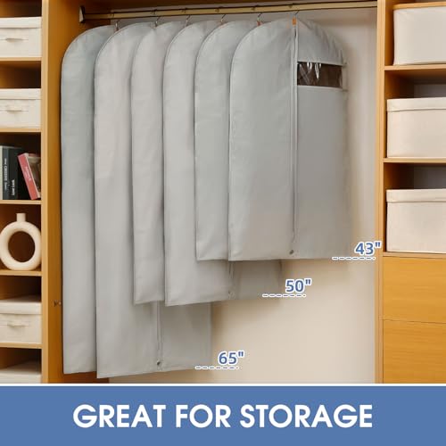 Perber Dress Bags for Gowns, 65'' Long Garment Bags for Hanging Clothes, Dress Garment Bag, Grey Dress Cover with Clear Window for Dresses, Coats, Uniforms - 5 Pack