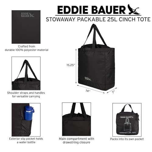 Eddie Bauer Stowaway Packable Tote Bag | Reusable | Travel | Lightweight | Compact | Foldable | Large Capacity | Ripstop Nylon | 25L - Maroon