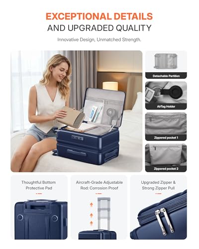 ISLAND ELEPHANT Expandable 20Inch Carry On Luggage Airline Approved - Top Opening Hardside Travel Suitcase Unbreakable -with Cup Holder,USB Charge,Side Pothook, 360°Spinner Wheels, TSA Lock-Navy Blue