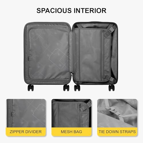 LEVEL8 Grace Carry on Luggage 22x14x9 Airline Approved, 20 Inch Hard Shell Suitcases with Spinner Wheels, Abs+Pc Hard Case Luggages with Tsa Lock, Travel bag for Women Men, Grey