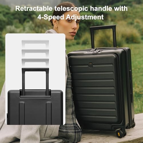 LEVEL8 Road Runner Carry On Luggage with Front Compartment, 20 Inch Lightweight Hard Shell Suitcases with Wheels Airline Approved, Tsa Locks for Luggage, Black,21.46" x 14.57" x 9.45"