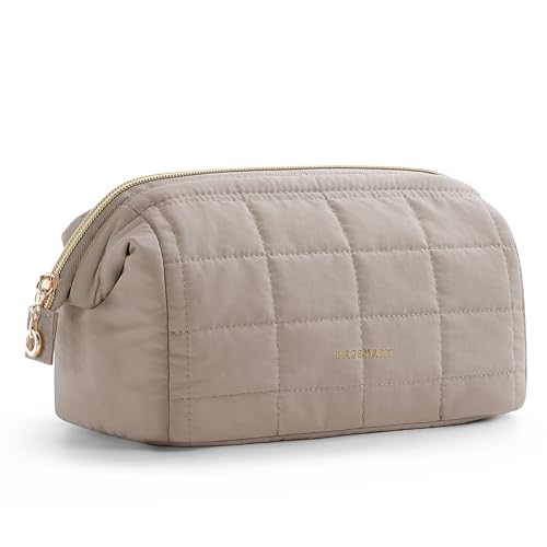 BAGSMART Makeup Bag Travel Toiletry Bag, Puffy Padded Make Up Bags for Women Makeup Organizer Case, Wide-open Pouch Purse Travel Essentials Toiletries Accessories Brushes, Camel