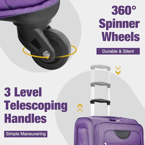 Merax Softside Luggage Set 3 Piece Suitcase with Duffel Bag Spinner Wheels Lightweight Expandable Travel Luggage 22" 26" 30",Purple
