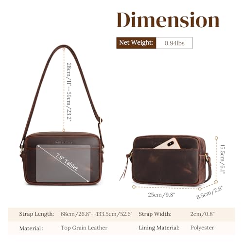 S-ZONE Crossbody Bags for Women Top Grain Leather Shoulder Handbags Camera Bag Purse Adjustable Strap Travel Daily Dark Brown