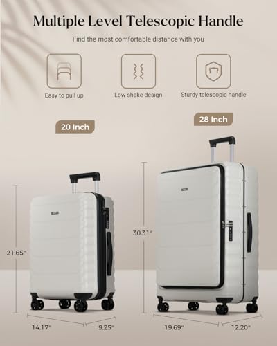 CENSIEN Luggage Sets 2 Pieces, 20/28 Inch PC Hardshell Suitcase with Spinner Wheels, 20 Inch Expandable Clamshell Carry On Luggage and 28 Inch Aluminum Frame Top Opening Checked Luggage (White)