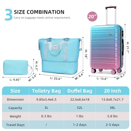 LARVENDER Luggage Sets 3 Piece, 20 Inch Carry on Luggage 22x14x9 Airline Approved Hardside PC+ABS Suitcase Set with Spinner Wheels TSA Lock, Lightweight Luggage Set for Women, Cotton Candy