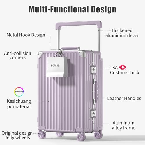 ROPLUS Aluminium Frame Checked-Luggage with Smooth Jelly Wheels, Hardside Zipperless Rolling Suitcase with TSA Lock (Purple, 21-Inch)