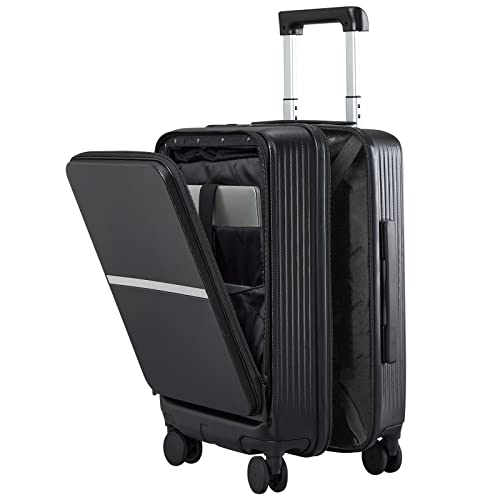 Hanke 20 Inch Carry On Luggage Airline Approved Hard Shell Suitcases with Wheels & Front Pocket Travel Luggage Lightweight Carry On Suitcase for Travel Rolling Luggage(Black)