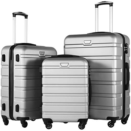 Coolife Luggage 3 Piece Set, Lightweight Durable Hardshell Suitcase set with 360° Spinner Wheels, TSA-approved Lock, Checked Family Travel Luggage sets, 20/24/28 Inch, Silver