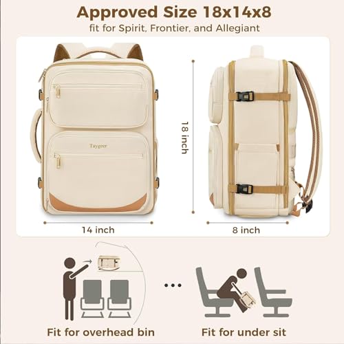 Taygeer Underseat 40L Travel Backpack with Shoe Compartment, TSA Approved Frontier Airlines Personal Item Bag, 18x14x8 inches Travel Bag for Women Weekender Fits Spirit Frontier Allegiant, Beige